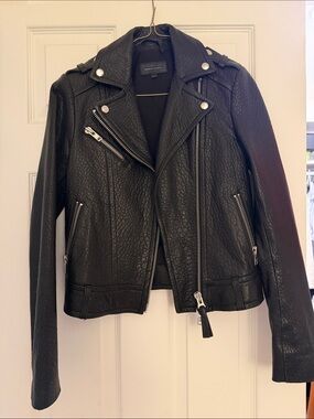 Mackage Black Textured Moto Leather Jacket with Silver Hardware